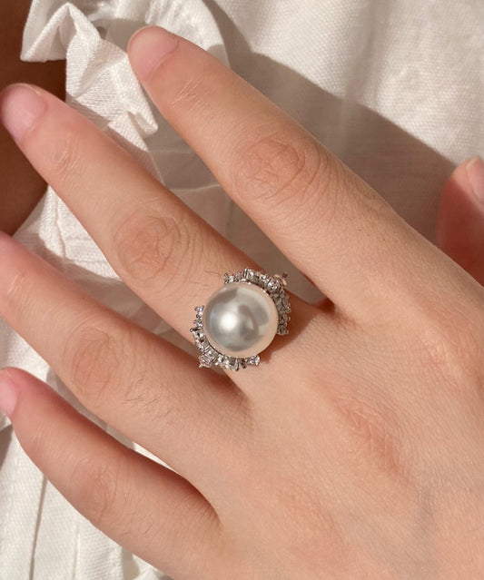 New White Pearl Zircon Open Silver Rings