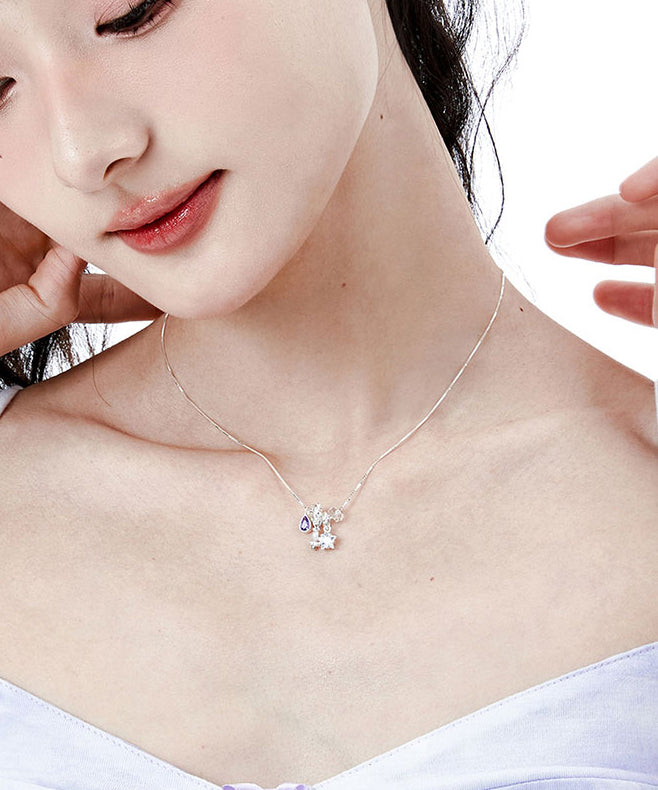 Art Purple Crystal Five Pointed Star Silver Pendant Necklace