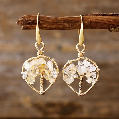 Natural Gemstone Tree of Life Heart Earrings
