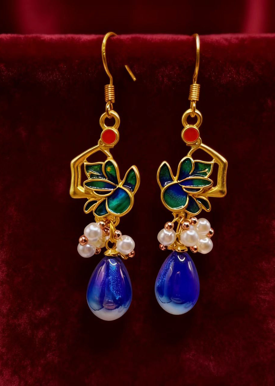 Peacock Blue Water Droplet Gem Stone Drop Earrings