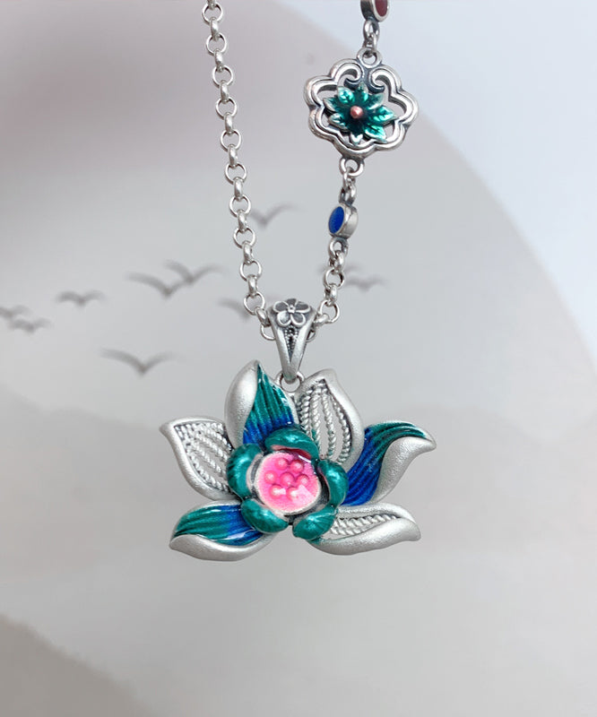 Diy Green Sterling Silver Cloisonne Lotus Hollow Out Pendant Necklace