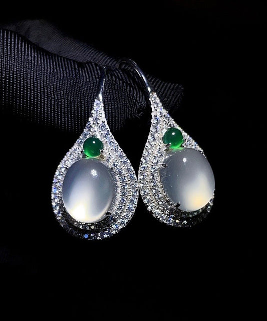 Silk Sterling Silver Inlaid Zircon Jade Stud Earrings