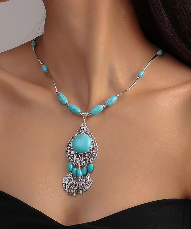 Blue Sterling Silver Turquoise Water Drop Leaves Pendant Necklace