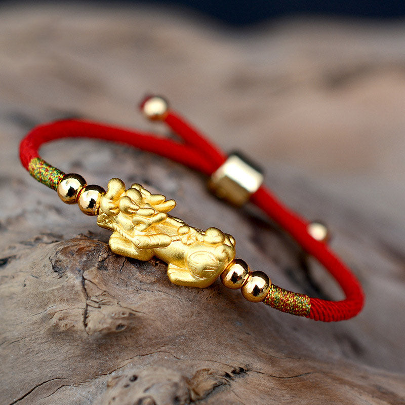 Buddha Stones 24k Gold-plated Pixiu Luck Red String Bracelet
