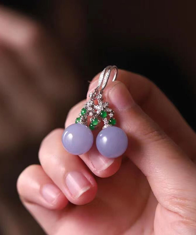 Green Sterling Silver Zircon Jade Ball Drop Earrings