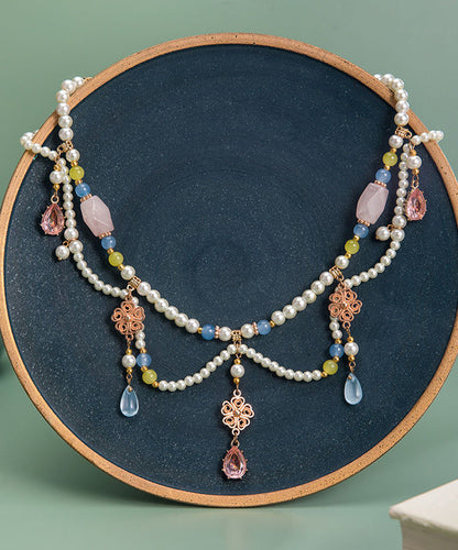 Retro Rainbow Alloy Crystal Pearl Glass Water Drop Pendant Necklace