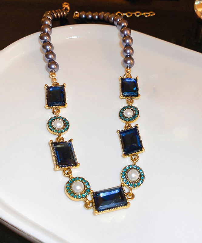 Colorblock Alloy Pearl Zircon Collar Necklace