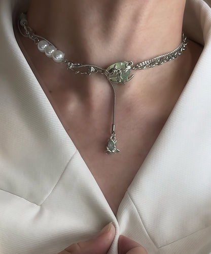 Stylish Green Stainless Steel Pearl Jade Bamboo Joint Water Droplet Tassel Lariat Necklace