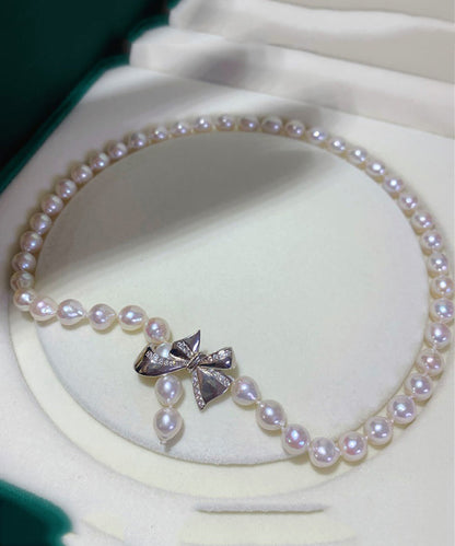 White Pearl Bow Zircon Pendant Necklace