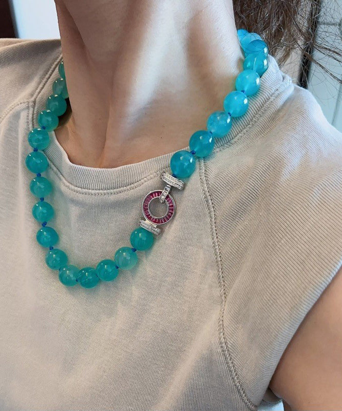 Blue Sterling Silver Crystal Zircon Graduated Bead Necklace