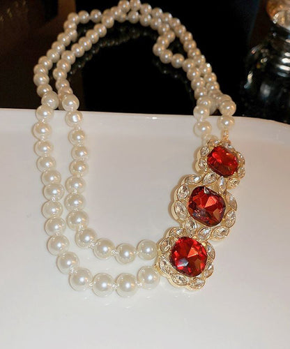 Red Alloy Zircon Bilayer Pearl Graduated Bead Necklace