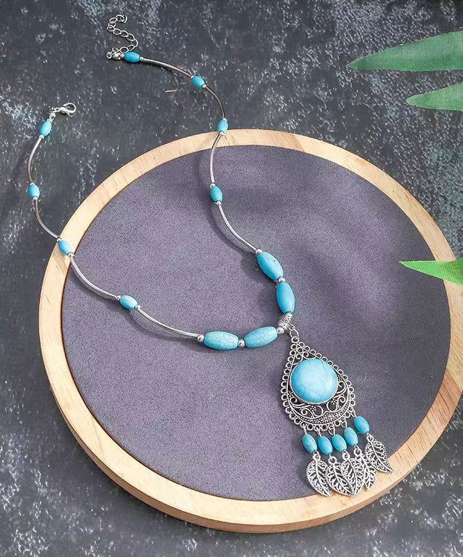 Blue Sterling Silver Turquoise Water Drop Leaves Pendant Necklace