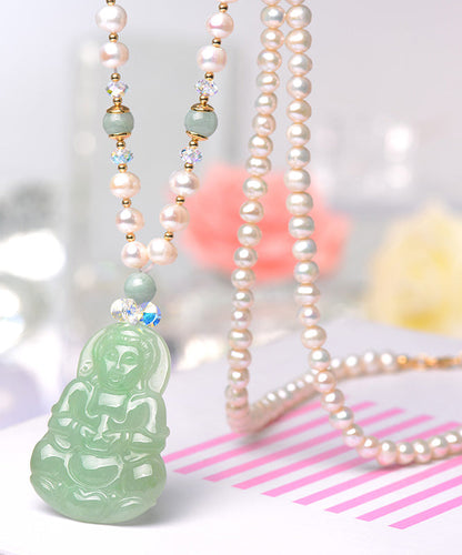 Art White Jade Pearl Zircon Pendant Necklace