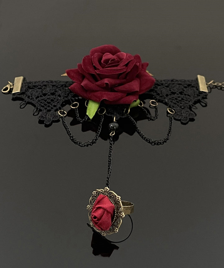 Stylish Red Lace Rose Necklace and Chain Bracelet Tassel Two-piece Set Princess Necklace