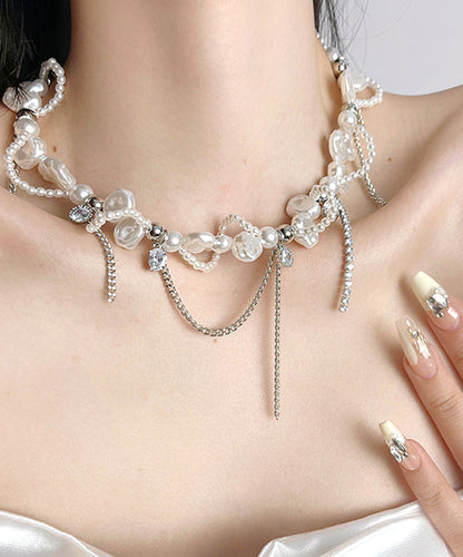 White Copper Zircon Pearl Chain Lariat Necklace