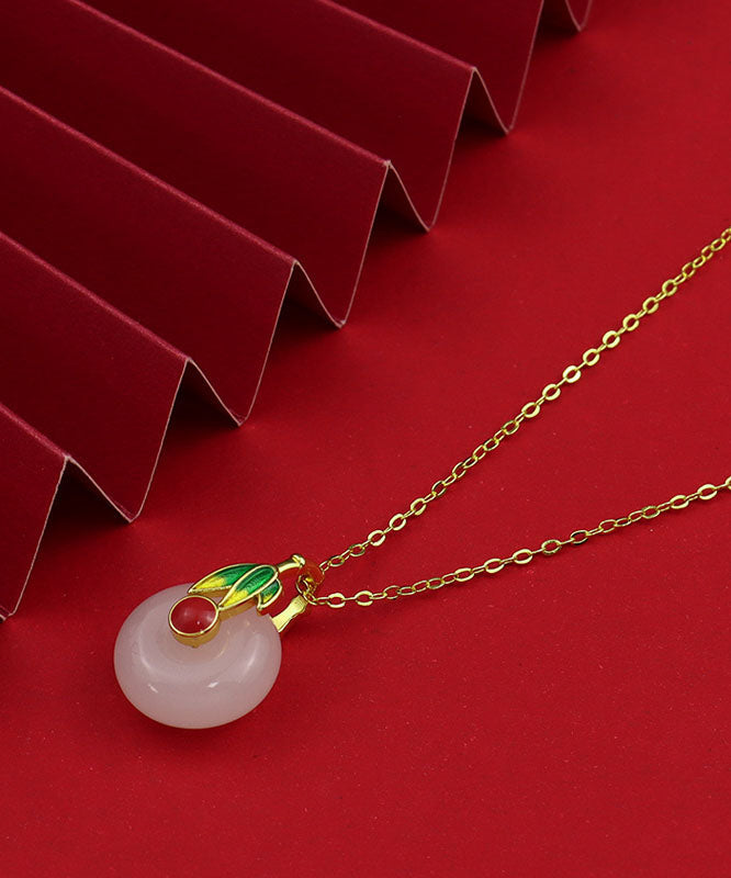 White Sterling Silver Enamel Jade Pendant Necklace