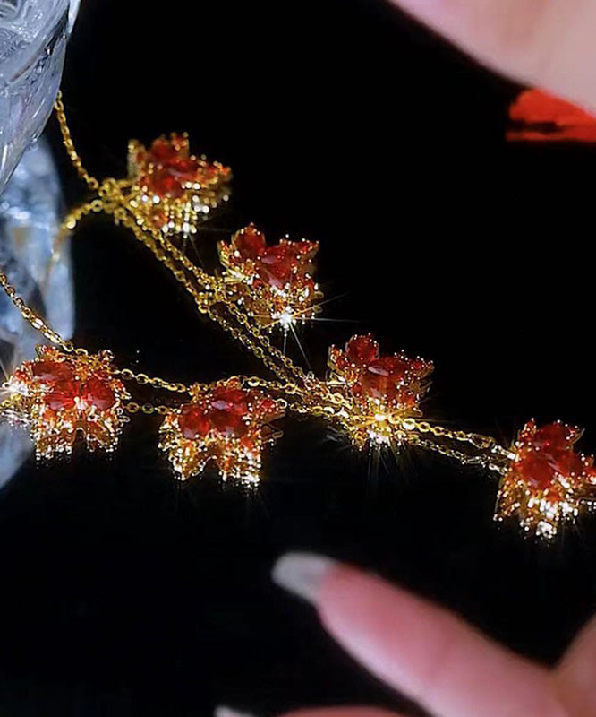 Red Copper Alloy Crystal Maple Leaves Pendant Necklace
