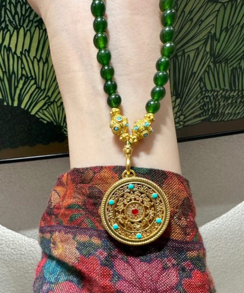 Simple Green Ancient Gold Beading Gem Stone Gratuated Bead Necklace