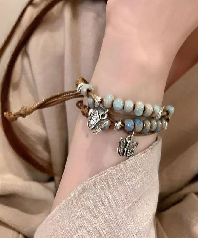 Alloy Weaving Ceramic Butterfly Charm Bracelet Two Piece Set