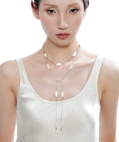 Beige Asymmetric Pearl Double Chain Alloy Necklace
