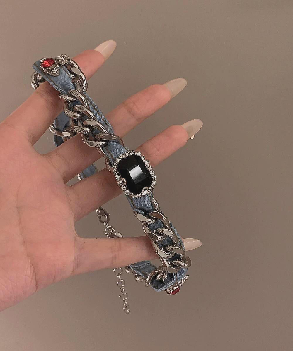 Denim Blue Metal Denim Crystal Chain Collar Necklace