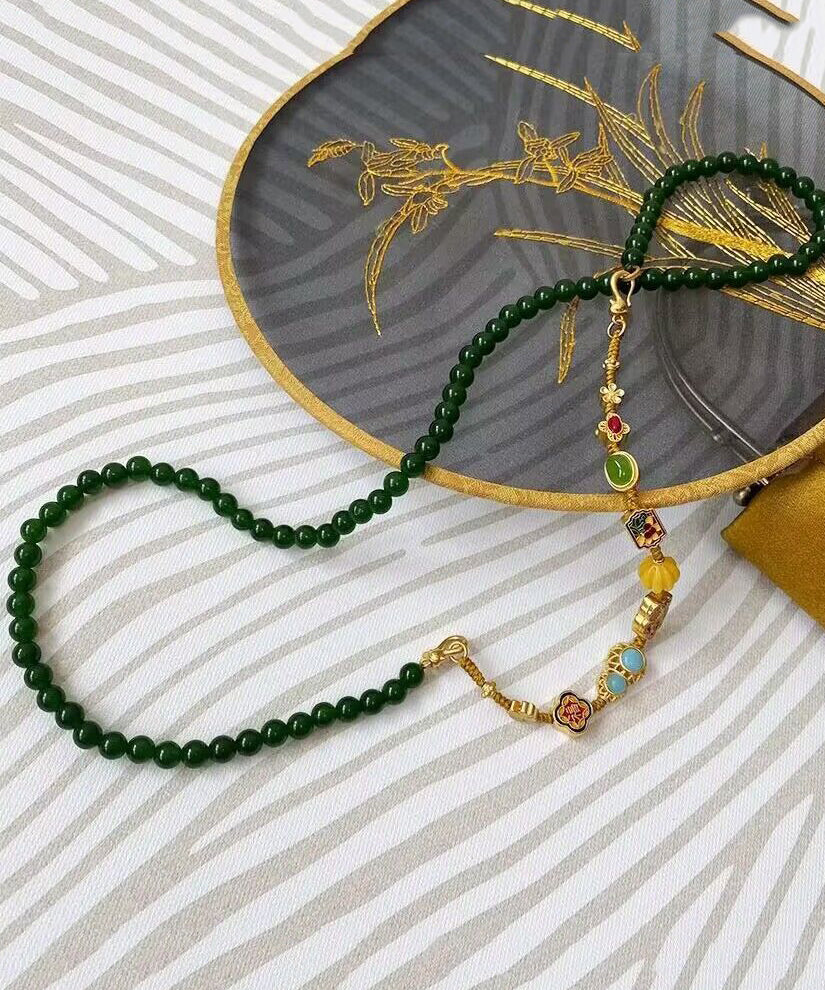 Blackish Green Jade Turquoise Cloisonne Enamel Detachable Beading Gratuated Bead Necklace