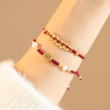 Buddha Stones Copper Coin Fortune Tree Luck Strength Braided Bracelet