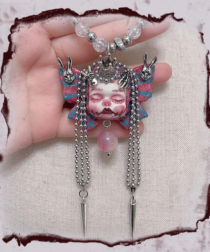 Colorblock Sterling Silver Butterfly Cartoon Tassel Pendant Necklace