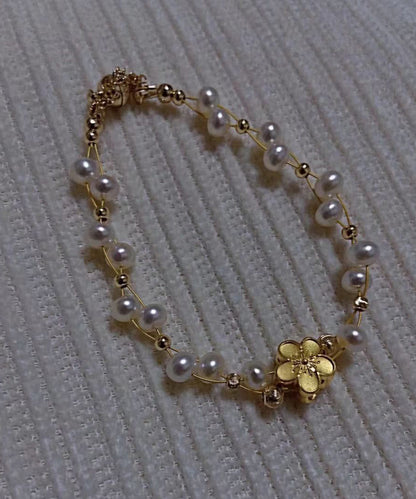 Fine White 14k Gold Pearl Woven Chain Bracelet