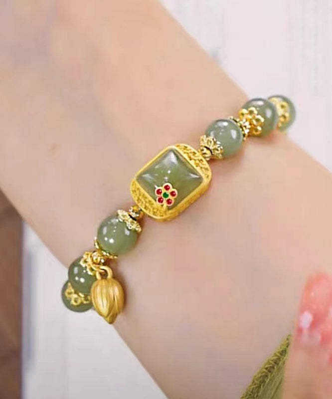 Green Sterling Silver Overgild Jade Lotus Charm Bracelet