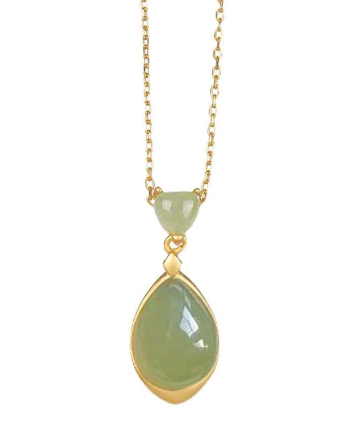 Green Sterling Silver 18k Gold Inlaid Jade Pendant Necklace