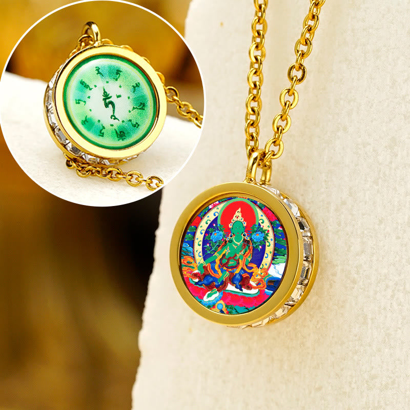 Buddha Stones Tibetan Yellow God of Wealth Green Tara Buddha Serenity Titanium Steel Necklace Pendant