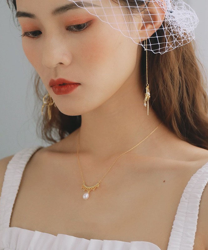 Gold Alloy Zircon Leace Pearl Pendant Necklace