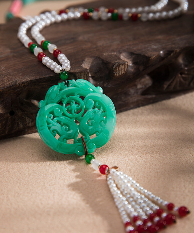 Green Alloy Jade Pearl Beading Tassel Pendant Necklace