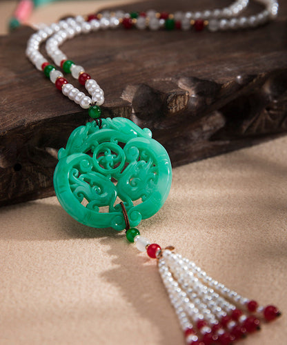 Green Alloy Jade Pearl Beading Tassel Pendant Necklace