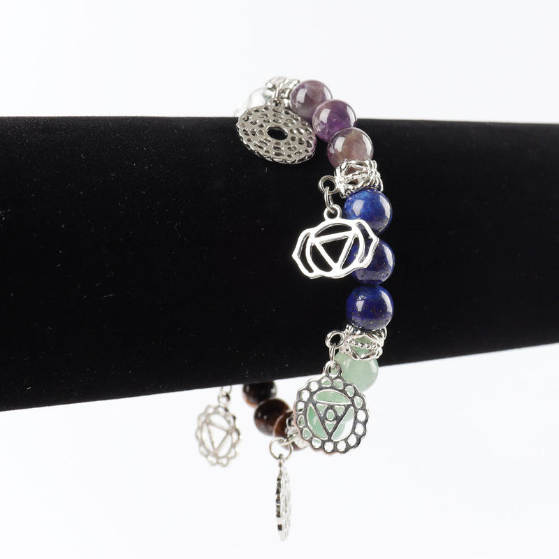 8mm Chakra Bracelet With Silver Ornaments for Healing