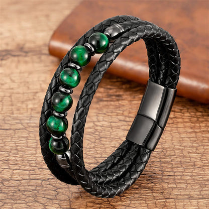 8mm Tiger Eye Bead Positive Leather Balance Bracelet