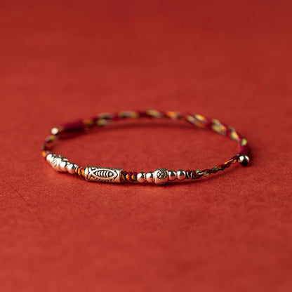 Buddha Stones 925 Sterling Silver Luck Koi Fish Braided Colorful String Bracelet Anklet