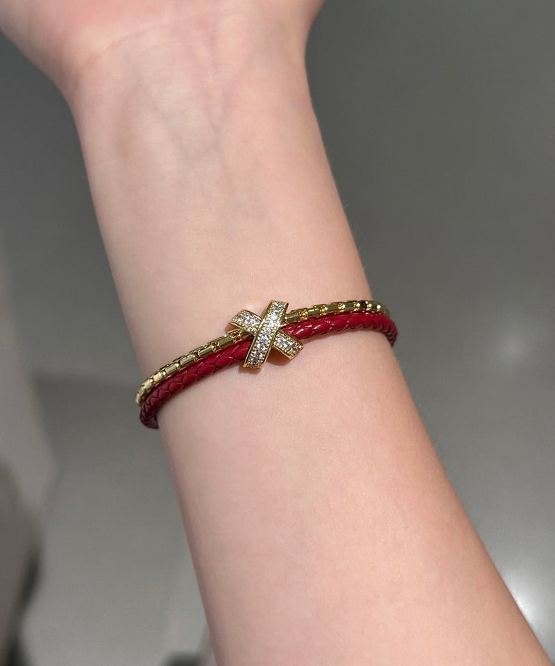 Red Leather Copper Alloy Zircon Bracelet