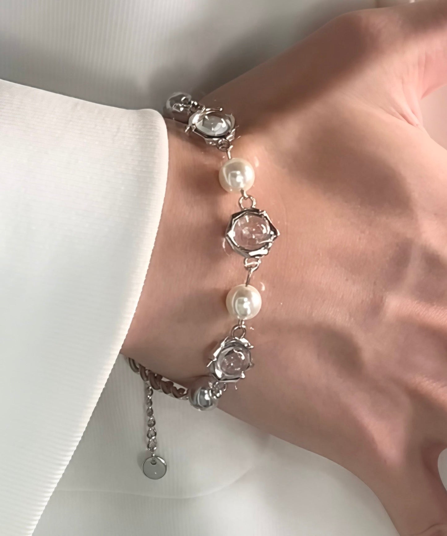 Stylish Adjustable Fine Pearl Wite Opal Tungsten Steel Bracelet