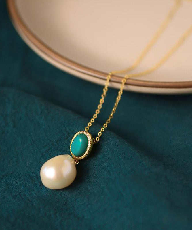 Gold Sterling Silver Overgild Turquoise Pearl Pendant Necklace