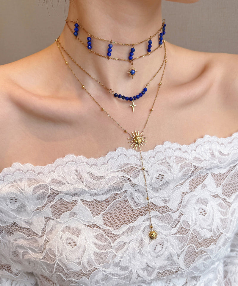Blue Wenshixing Solar Tassel Layering Alloy Three Piece Set Pendant Necklace