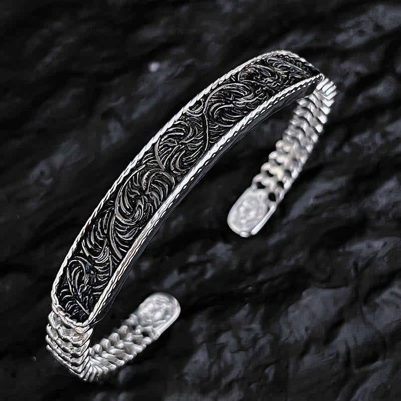 Buddha Stones Tang Dynasty Flower Design Engraved Copper Luck Cuff Bracelet Bangle Adjustable Ring