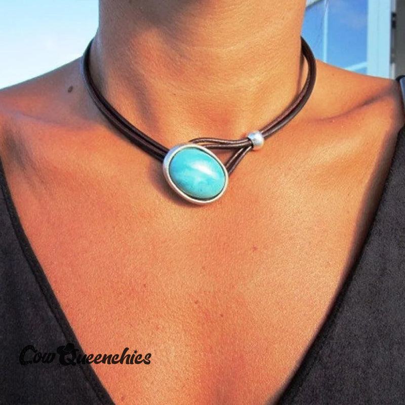 Leather Turquoise Choker Necklace