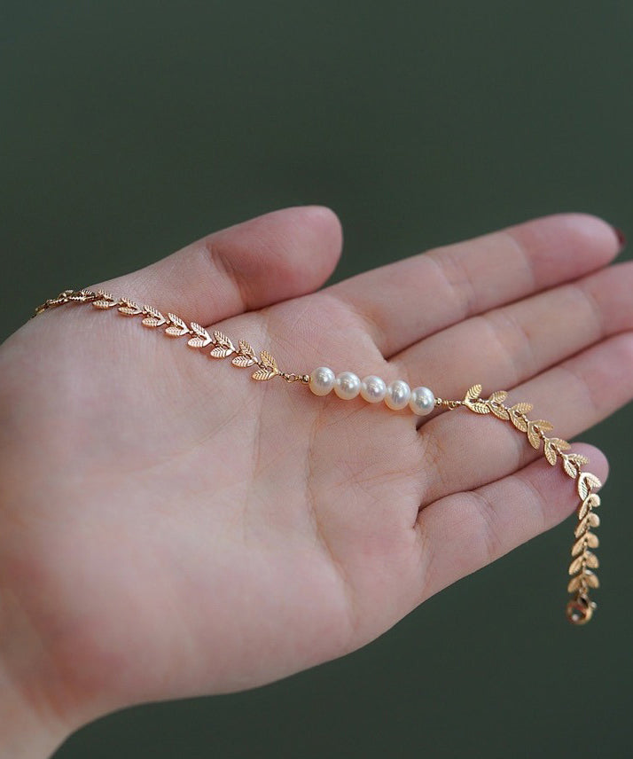 Gold Sterling Silver Alloy Pearl Leaves Tassel Charm Bracelet
