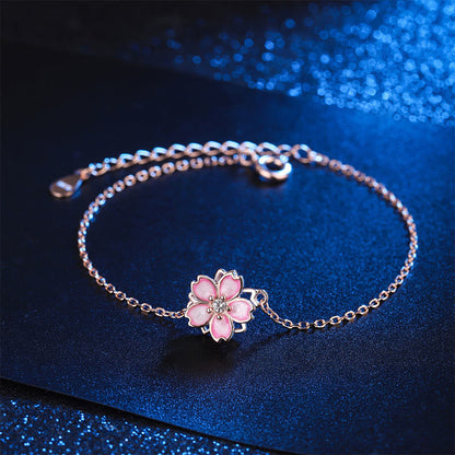 925 Sterling Silver Cherry Blossom Blessing Chain Bracelet With Rotatable Ring