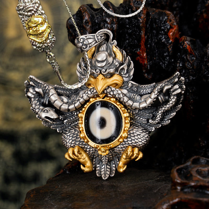 925 Sterling Silver Garuda Dzi Bead Spiritual Protection Necklace