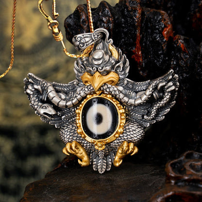 925 Sterling Silver Garuda Dzi Bead Spiritual Protection Necklace
