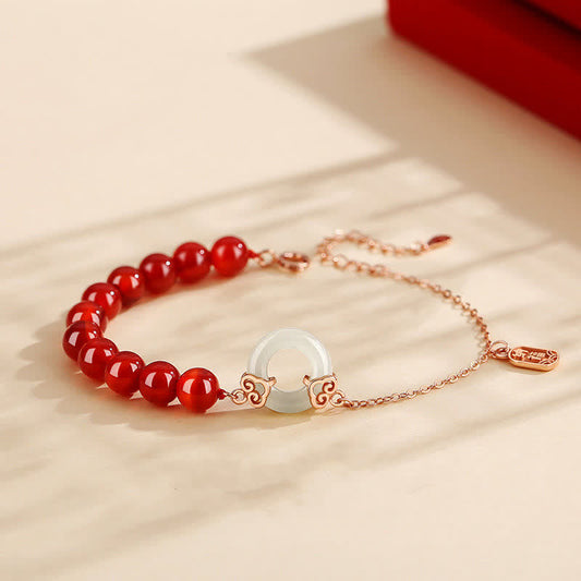 925 Sterling Silver Red Agate White Jade Peace Buckle Jade Bracelet for Confidence