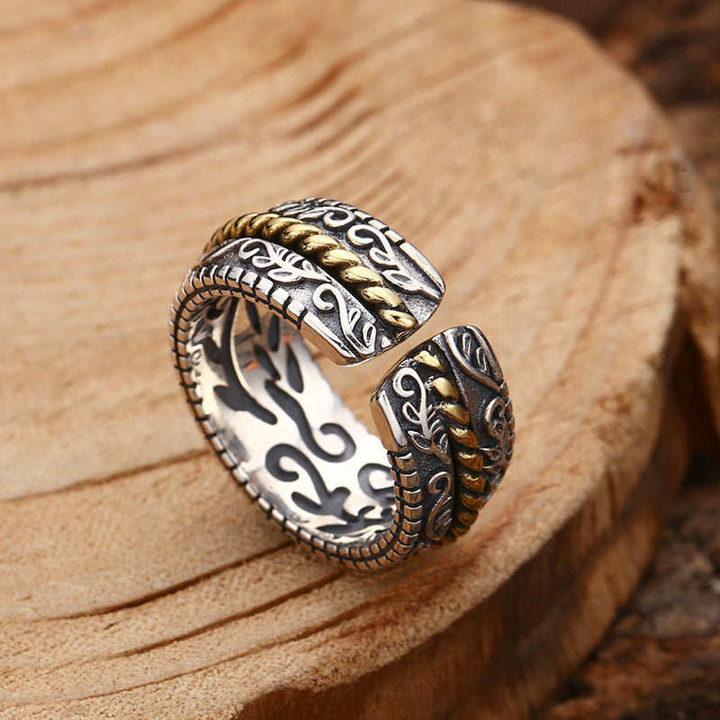 925 Sterling Silver Tang Dynasty Flower Design Luck Adjustable Ring